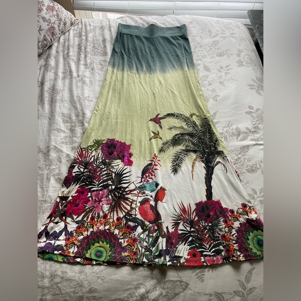 Vintage Desigual Tropical Ombré Bird Palm‎ Tree Maxi Skirt Small Resortwear Boho